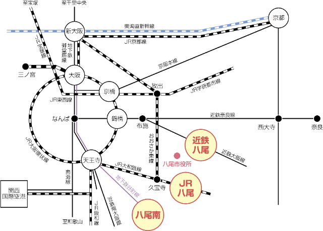 大阪中心部と八尾市の鉄道路線図