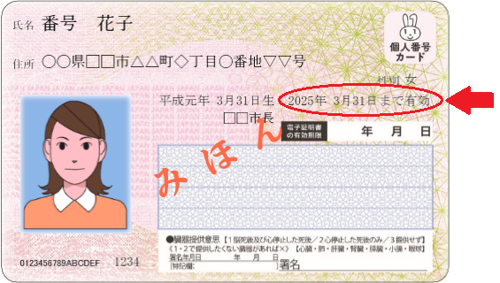 写真：マイナンバーカードの有効期限記載の見本