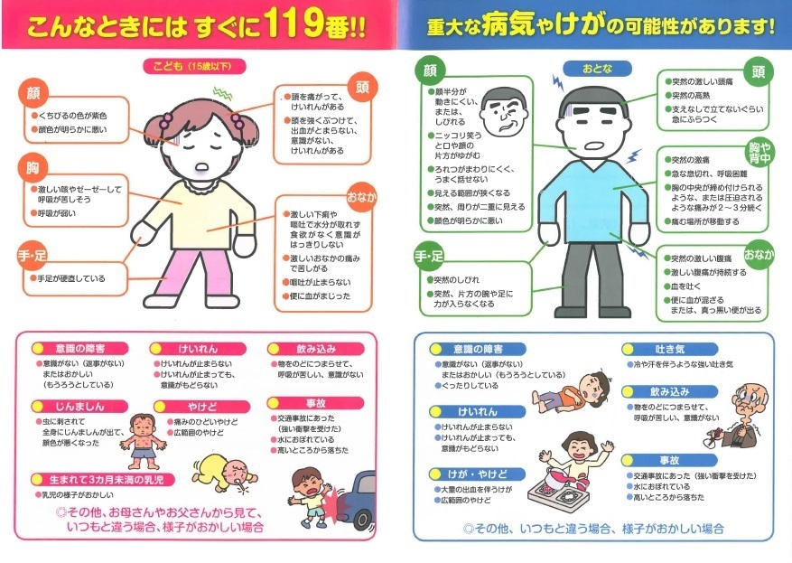 写真：ためらわずに救急車を呼んでほしい症状　チラシ