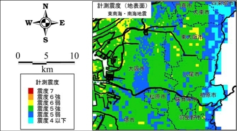 写真：東南海・南海地震における計測震度の想定図