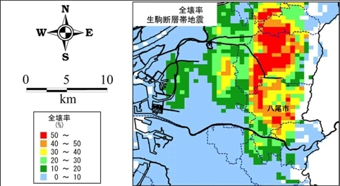 写真：生駒断層帯地震の全壊率の想定図
