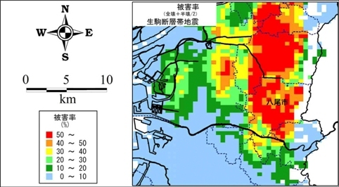 写真：生駒断層帯地震の被害率の想定図