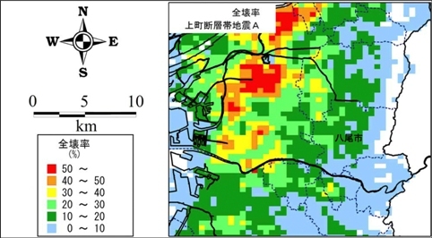 写真：上町断層帯地震の全壊率の想定図