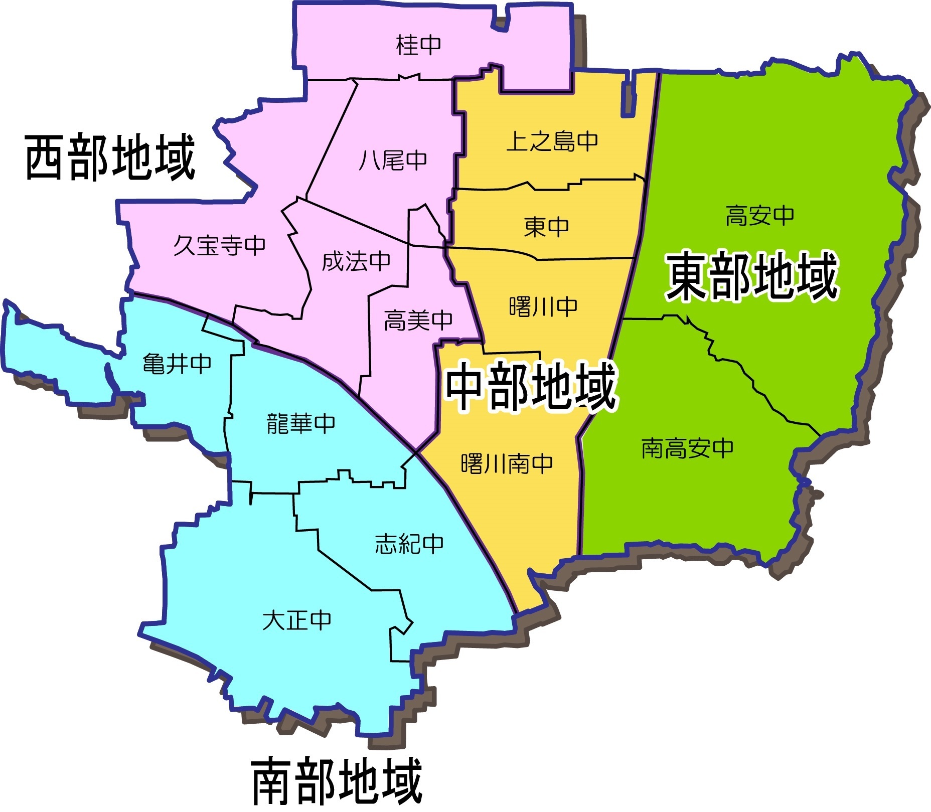 地図：地域区分図（西部・東部・中部・南部）