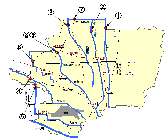 地図：八尾市河川測定地点
