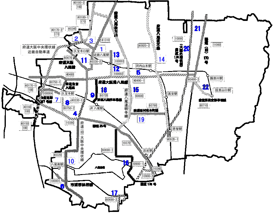 地図：道路交通騒音の測定地点及び評価区間