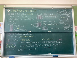 写真：スクランブルエッグと野菜炒め作り方書いてある黒板