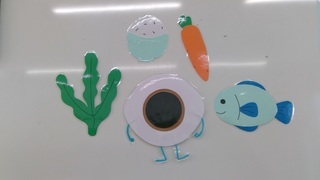 写真：保健指導　ホワイトボードにわかめ、ごはん、ニンジン、魚、目のイラストが張ってある様子