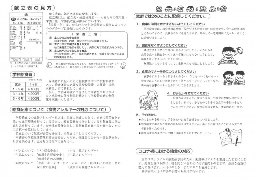 写真：八尾市の小学校給食の裏面