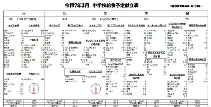 中学校給食献立表のプレビュー
