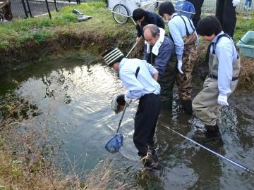 写真：池の中に入る生徒たち