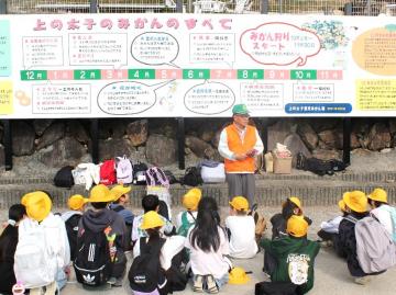 写真：上の太子観光みかん園で話を聞く児童ら