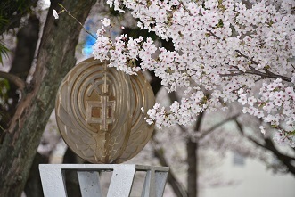 写真：桜の木の下の高安中学校校章のオブジェ