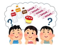 イラスト：砂糖の摂取量を減らせるか想像している3人の子供たち
