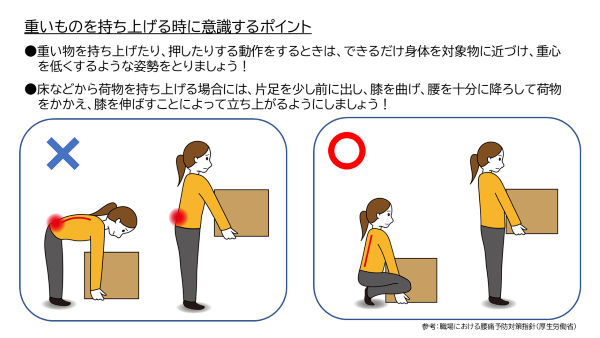 イラスト：重いものを持ち上げる際の姿勢ポイント