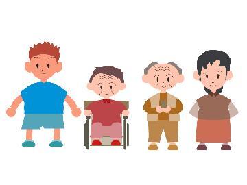 イラスト：男性、車いすのおばあさん、おじいさん、女性