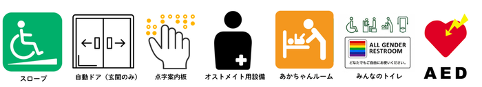 スロープ・自動ドア（玄関のみ）・点字案内板・オストメイト用設備・あかちゃんルーム・みんなのトイレ・AED