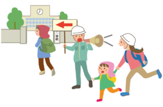 イラスト：学校に避難する人