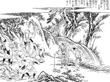 写真：「郡川のほとりの千塚（せんづか）」の場面で、古墳から副葬品を掘り出している様子を描いたもの
