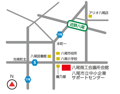 地図：八尾商工会議所・八尾市立中小企業サポートセンター周辺