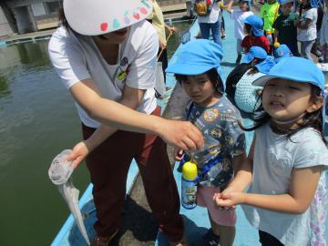写真：ヤゴ取り　手の上にヤゴを乗せる