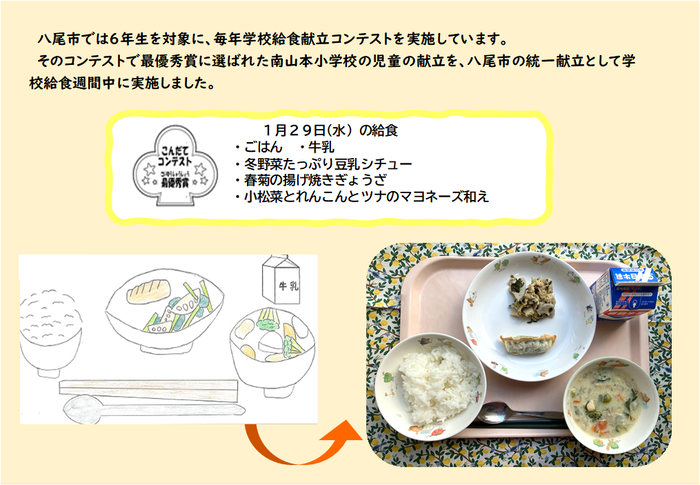 最優秀賞のイラストと当日の給食の写真