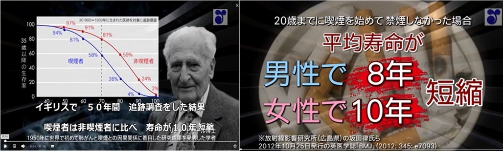 写真：20歳までに喫煙を始めて禁煙しなかった場合　平均寿命が男性で8年　女性で10年短縮