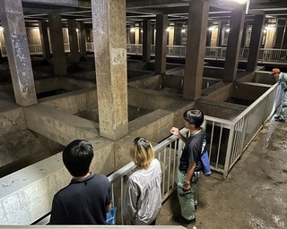 写真:雨水貯留施設を点検する大学生ら