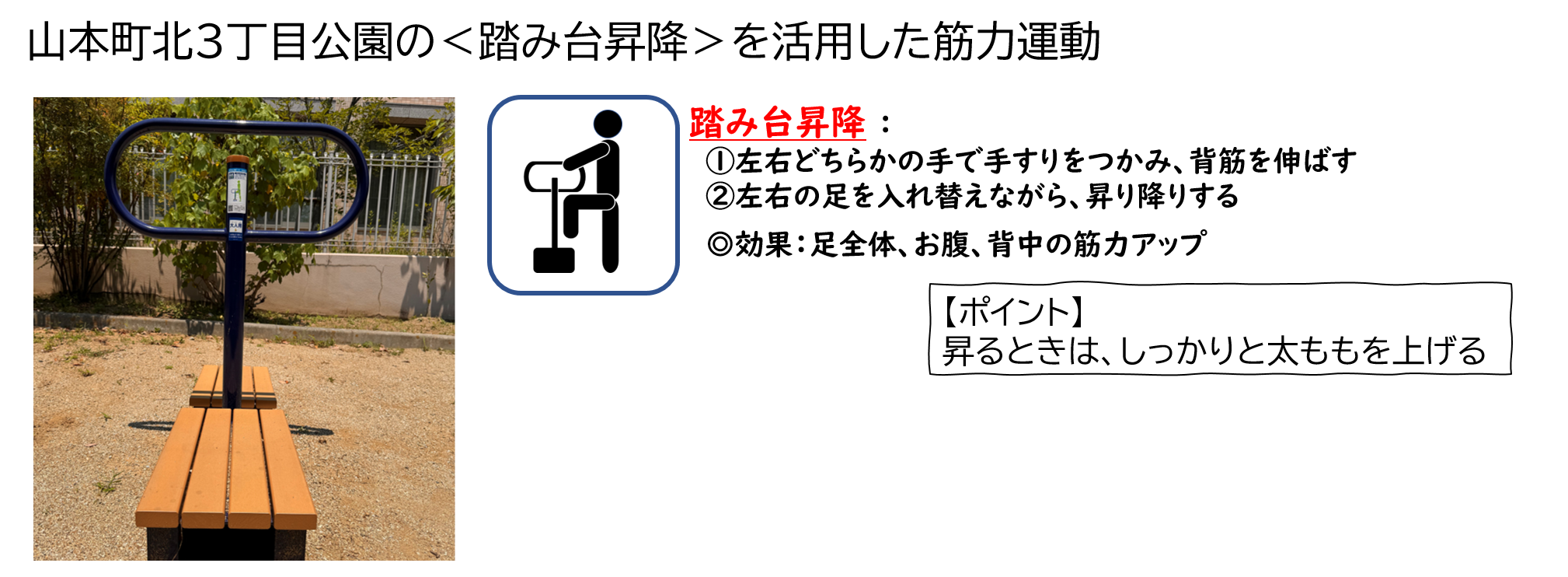 山本町北3丁目公園の踏み台昇降を活用した筋力運動