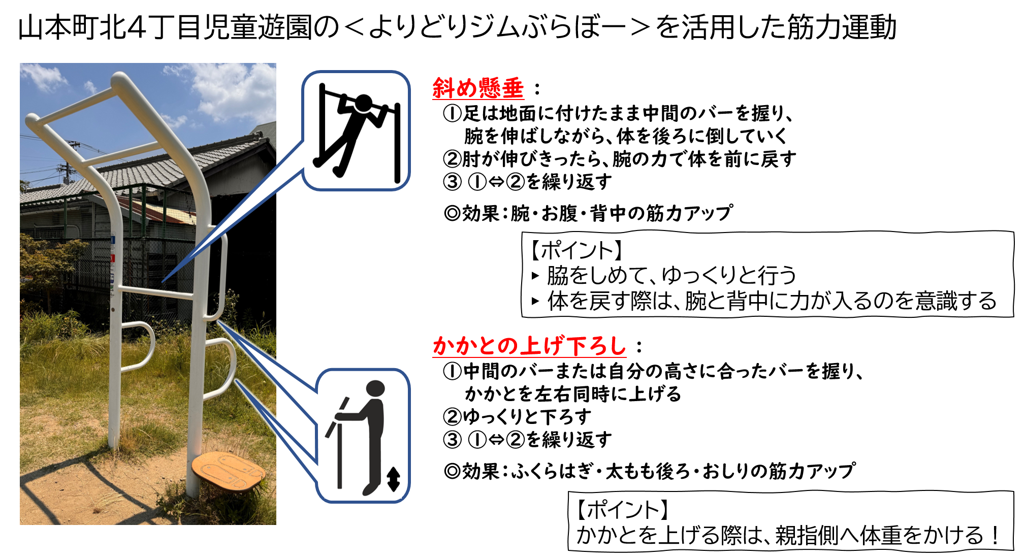 山本町北4丁目児童遊園のよりどりジムぶらぼーを活用した筋力運動