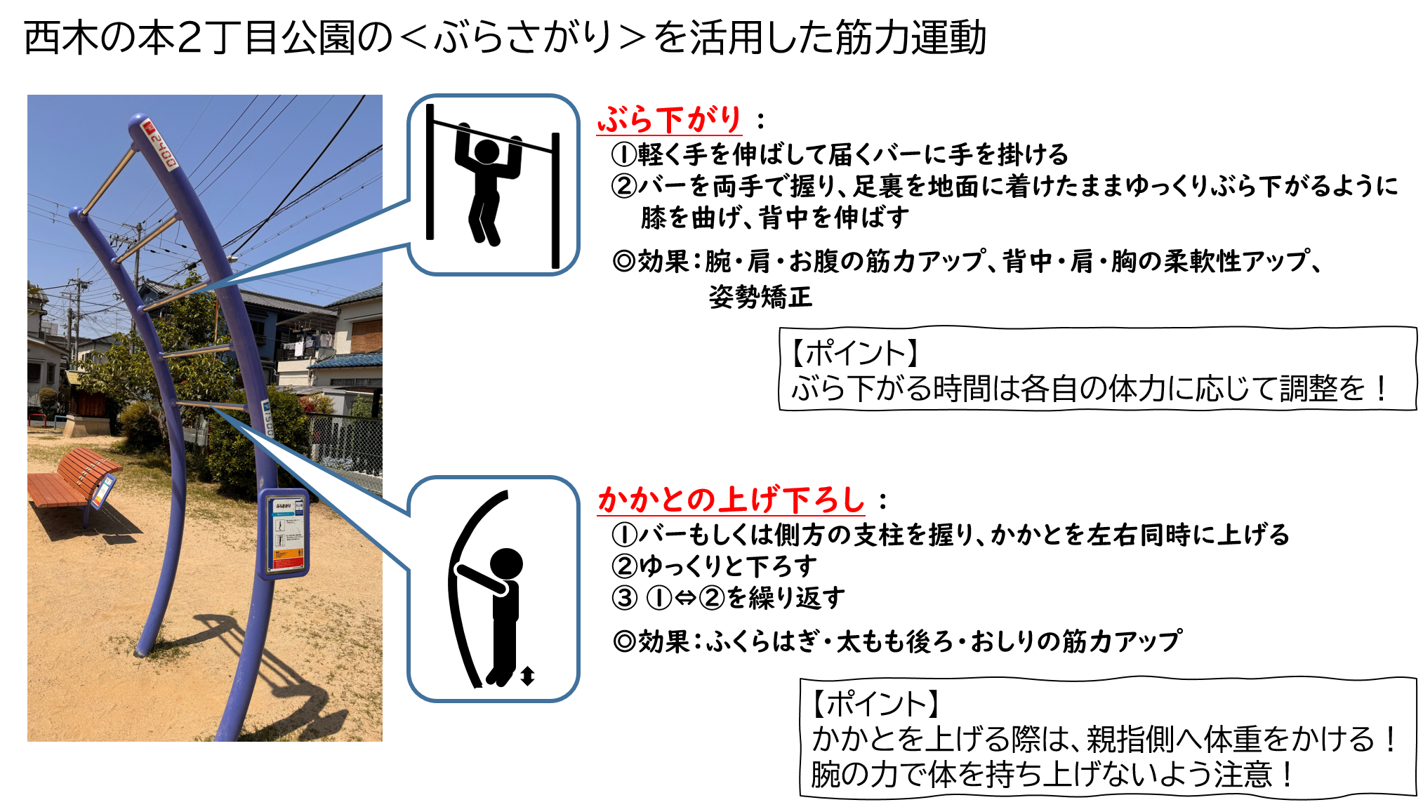 西木の本2丁目公園のぶらさがりを活用した筋力運動