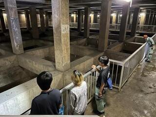 写真：雨水貯留施設を点検する大学生ら