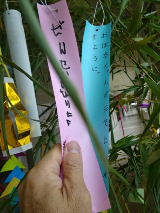 写真：教師になりたい旨の短冊と祖母に元気でいてほしい旨の短冊