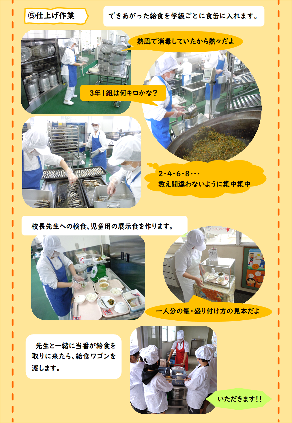 写真：調理員さんの仕事の紹介　（5）仕上げ作業（配膳の様子）