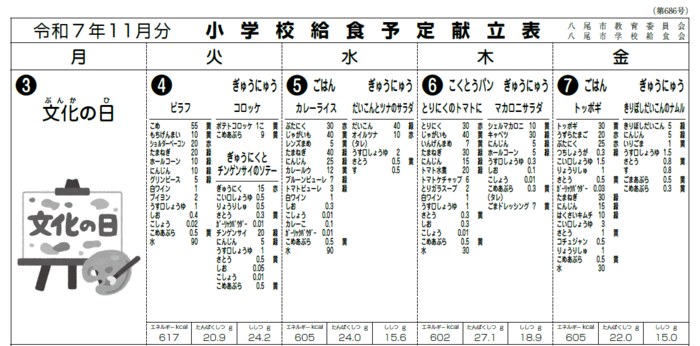 イラスト小学校給食献立表