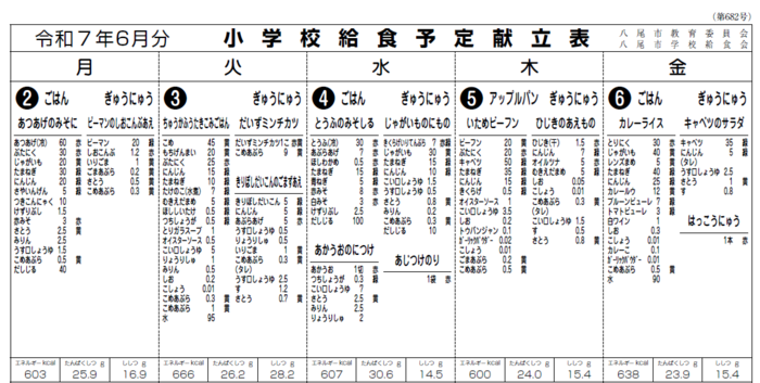 イラスト小学校給食献立表