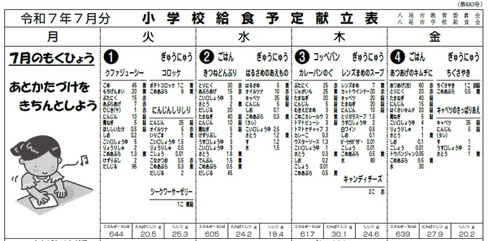 イラスト小学校給食献立表