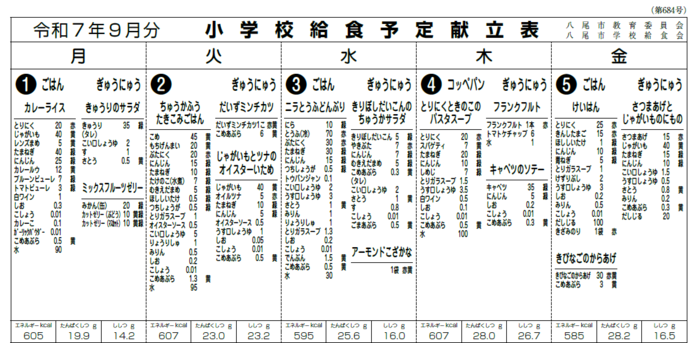 イラスト小学校給食献立表
