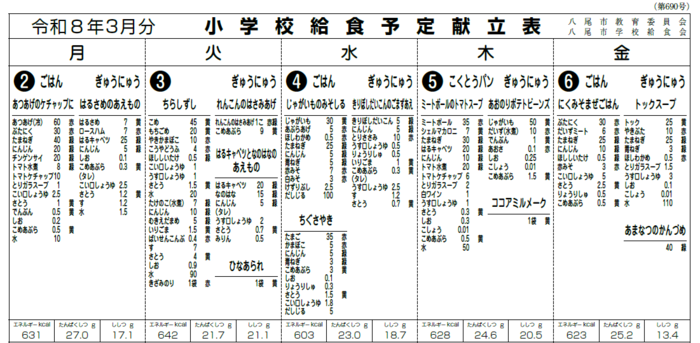 イラスト小学校給食献立表