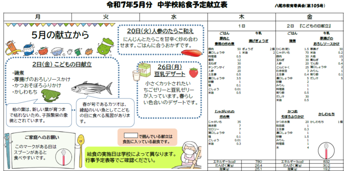 中学校給食献立表のプレビュー