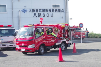 消防団車両で訓練開始しました