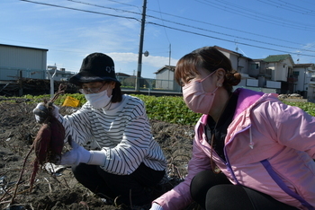 収穫を喜ぶ女性二人