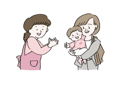 働いている女性が子どもを女性に預けている画像