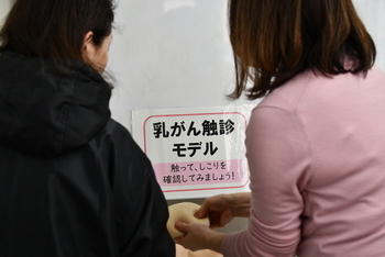 乳がん検診モデルでしこりの見つけ方を学ぶ女性