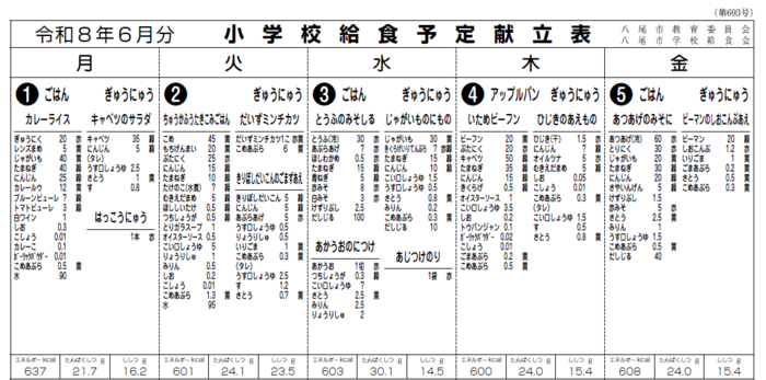 イラスト小学校給食献立表