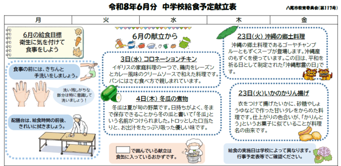 中学校給食献立表のプレビュー