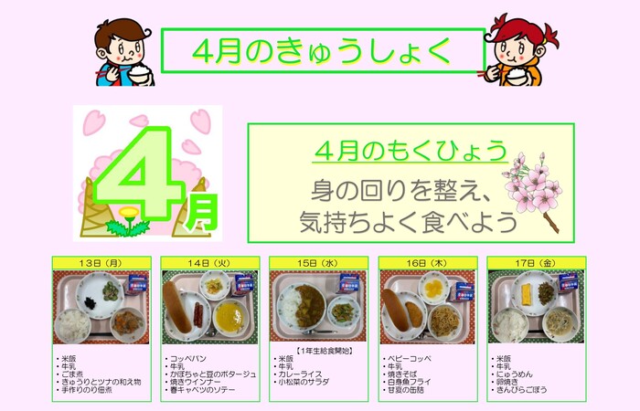 小学校給食実施献立の写真