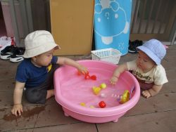 タライに張った水をさわり、遊ぶ写真