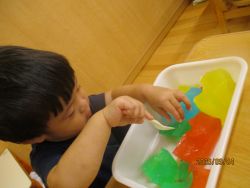 カラフルな寒天を触ってみる子どもの写真
