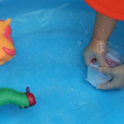 たらいから水をくむ